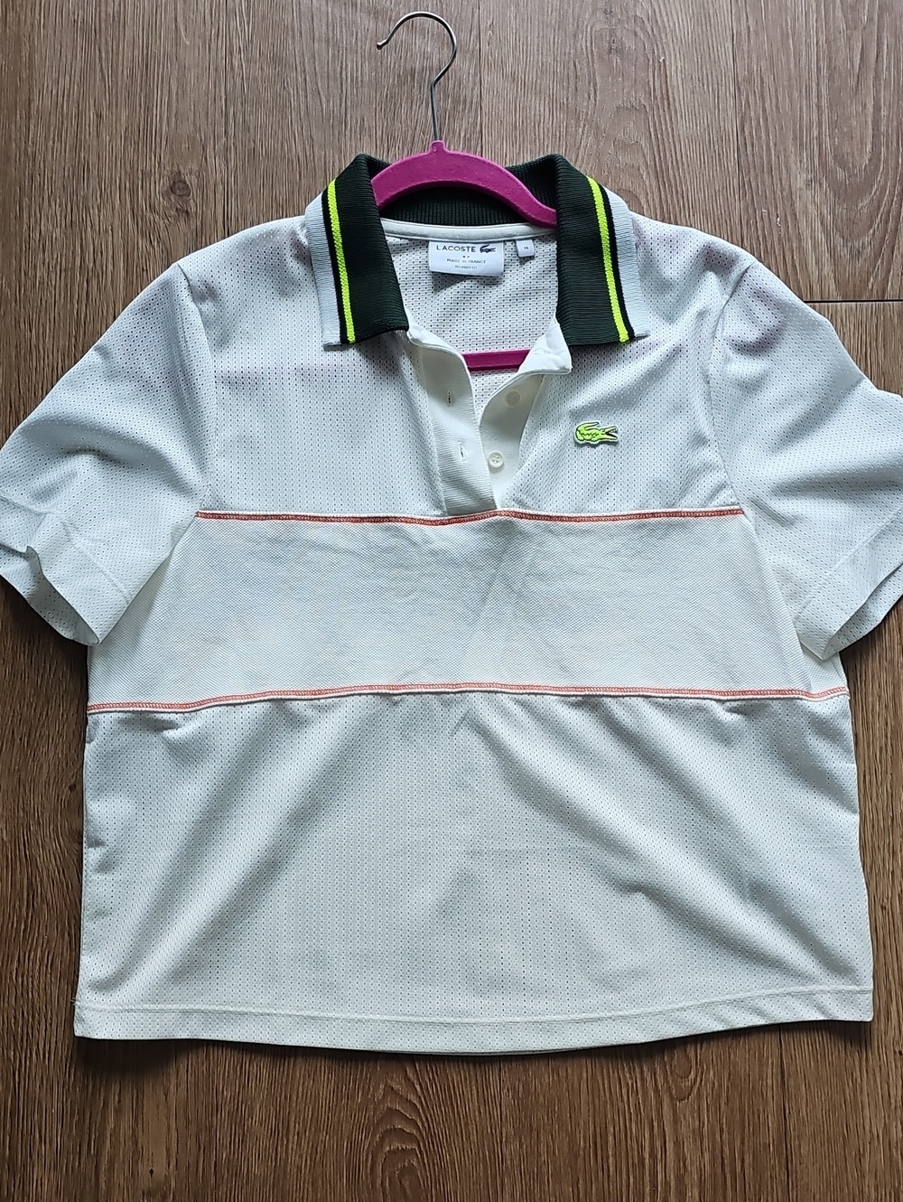 Lacoste Kids White Polo with Black & Neon Green Collar and Pink Trim